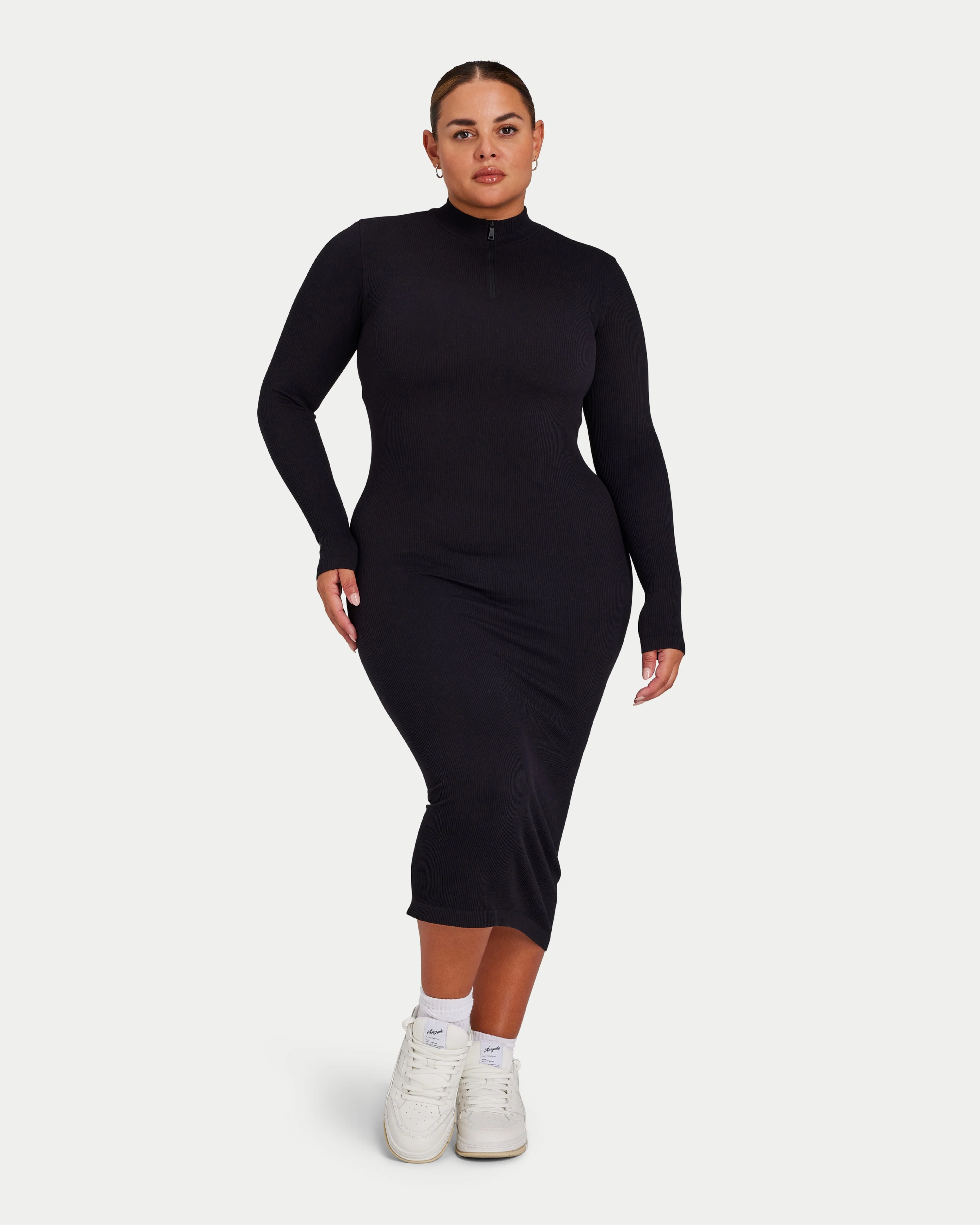 Womens Ribbed Base Long Sleeve Midi Dress - Image 3