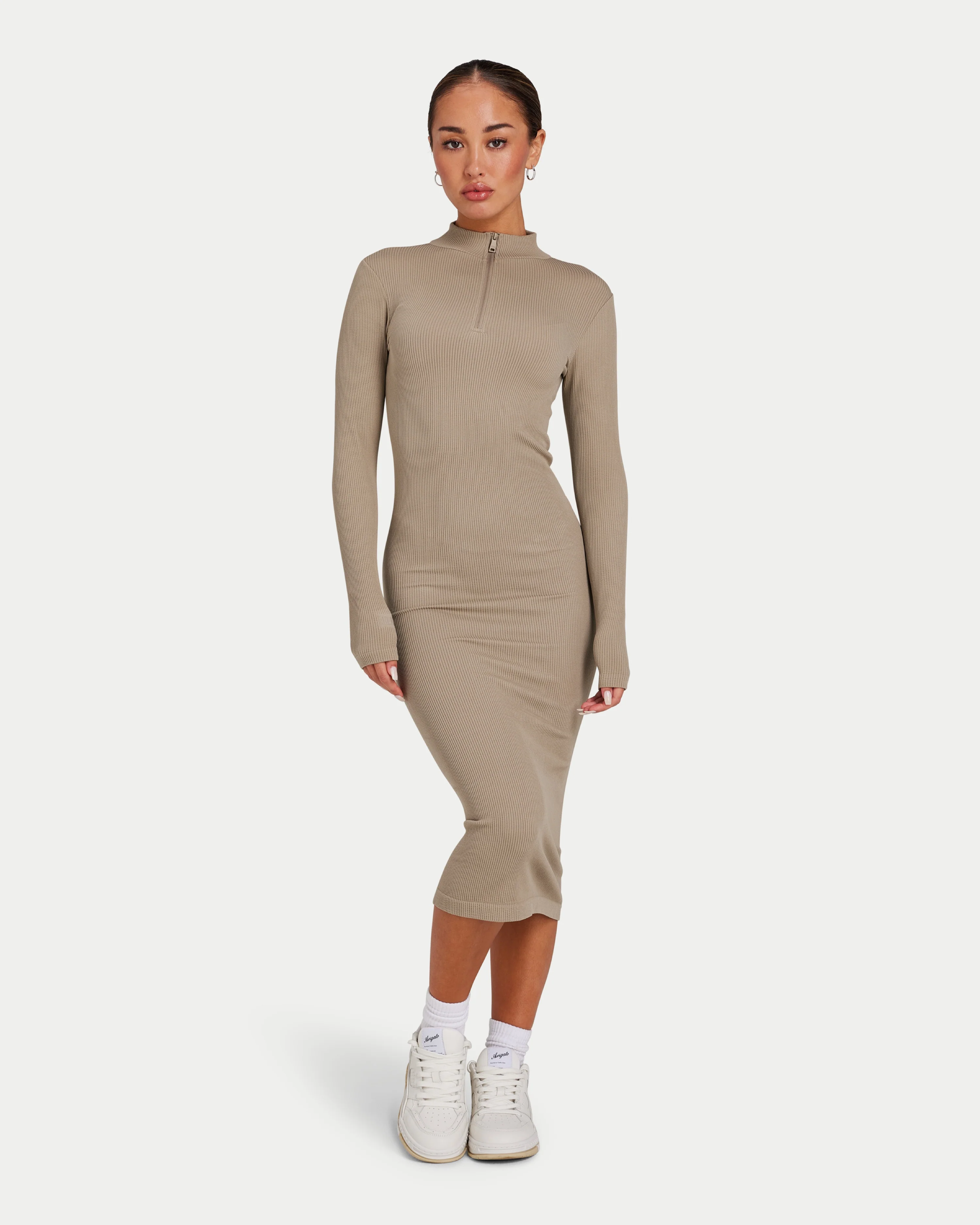 Womens Ribbed Base Long Sleeve Midi Dress - Image 3