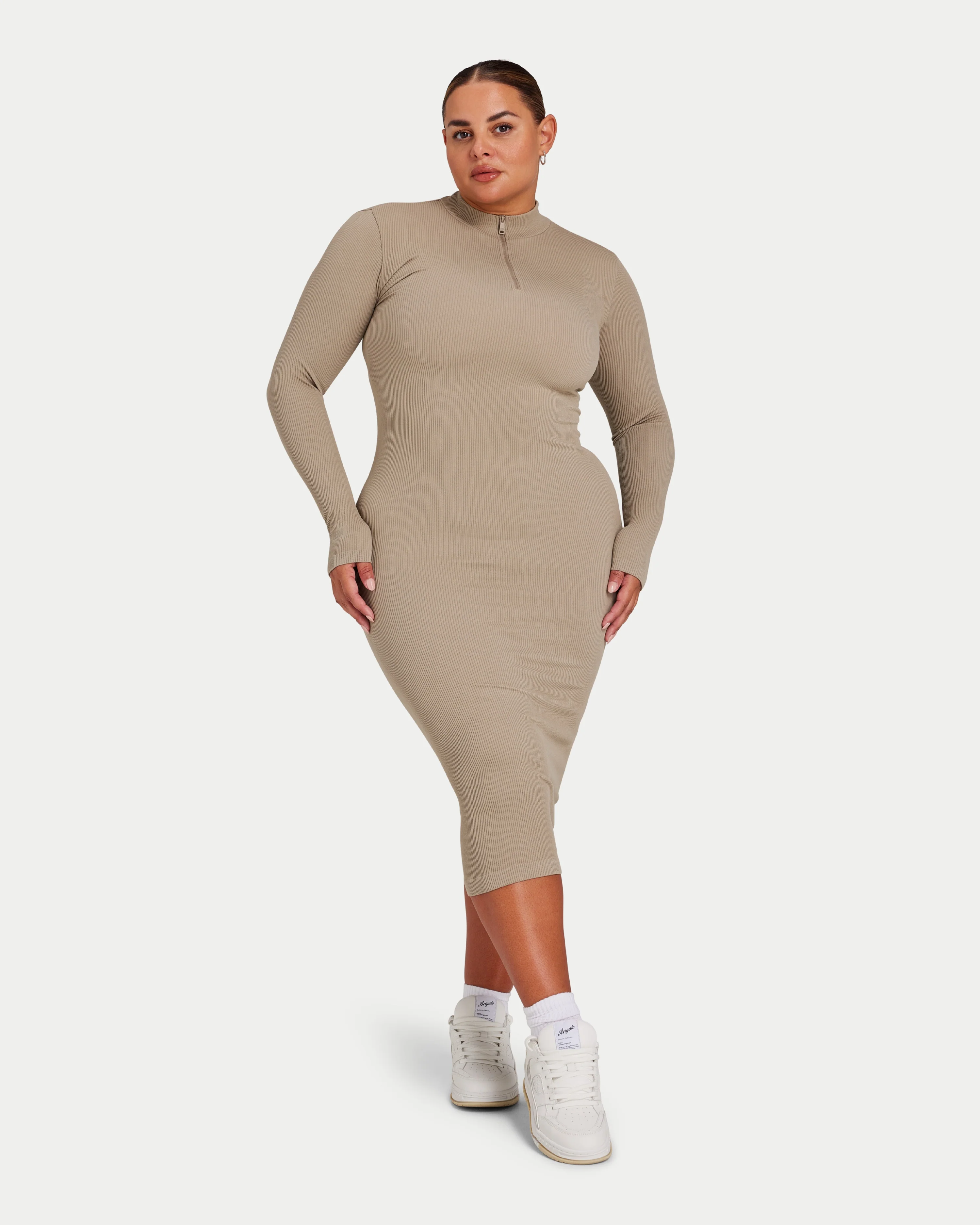 Womens Ribbed Base Long Sleeve Midi Dress - Image 5