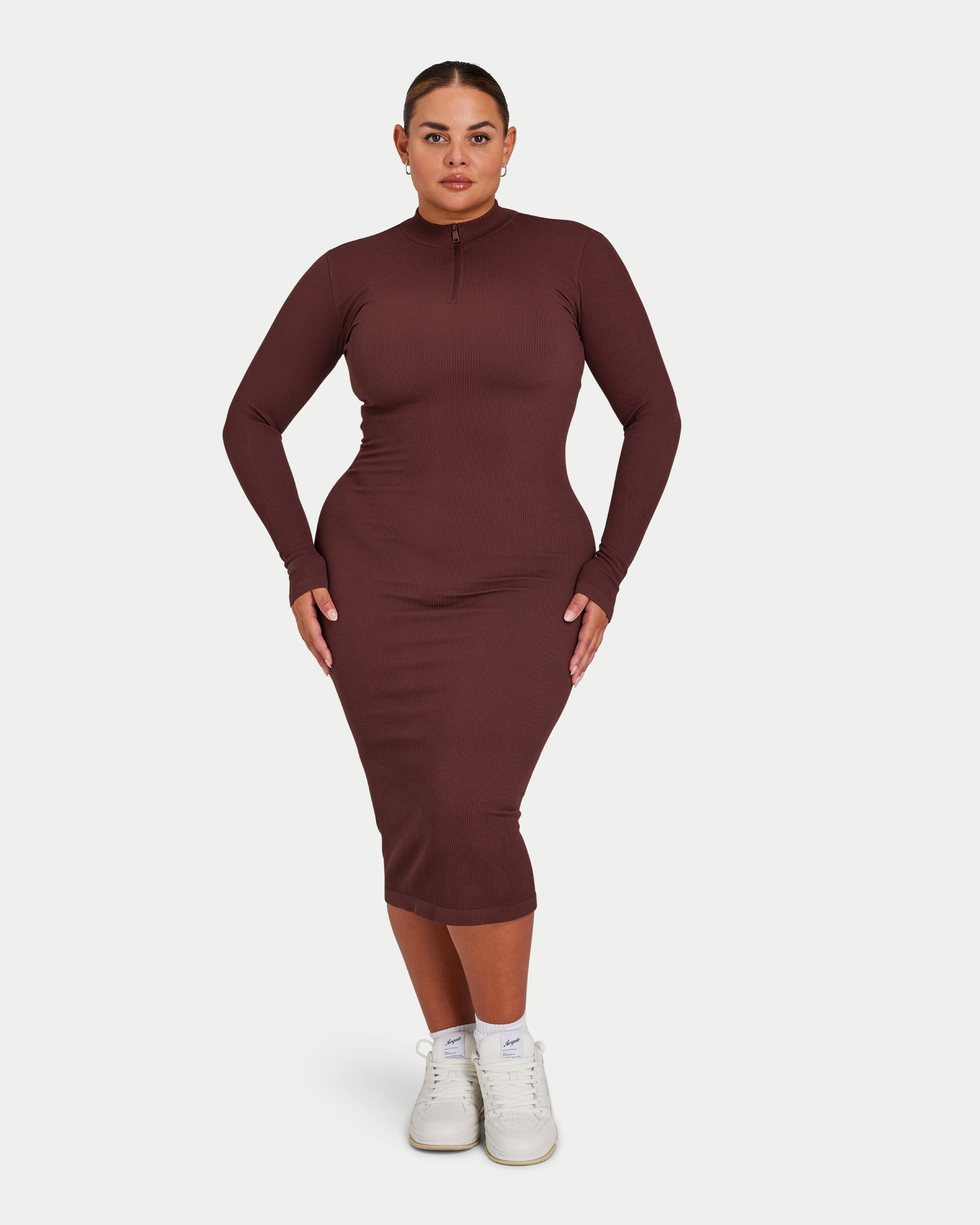 Womens Ribbed Base Long Sleeve Midi Dress - Image 3