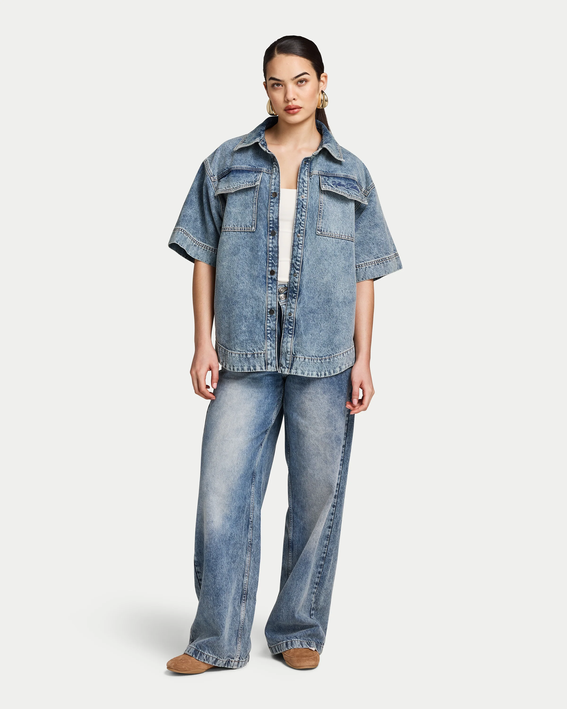 Womens Denim Short Sleeve Shirt - Image 3